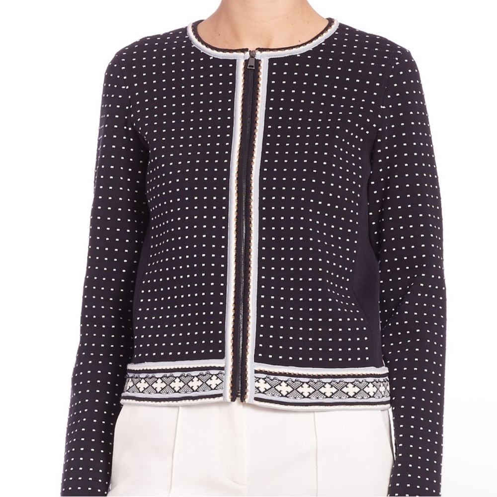 Tory Burch Navy Blue Mini Geo Stitch Zip Up Sweater Jacket M